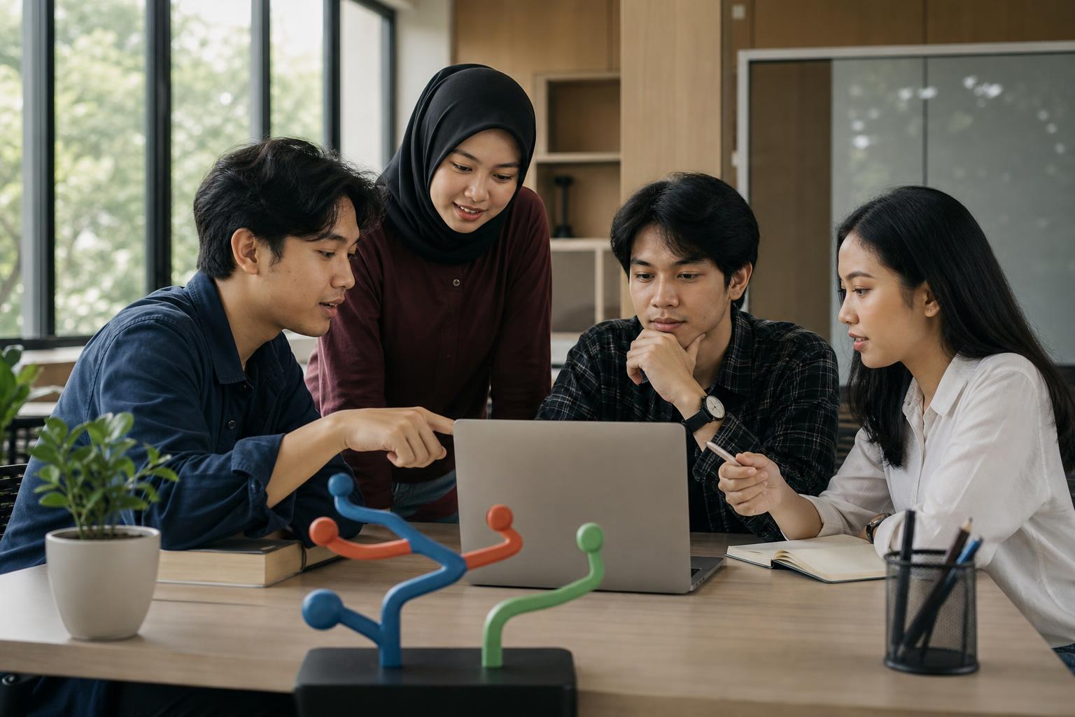 Mahasiswa bekerja sama mengelola proyek pemrograman dengan alur kerja kode yang teratur