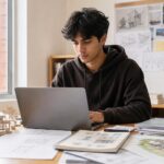 Mahasiswa menyusun dokumentasi proyek dan catatan pembelajaran di meja belajar dengan laptop