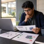 Mahasiswa memeriksa data formulir dan aturan keamanan aplikasi pada laptop di ruang kerja kampus